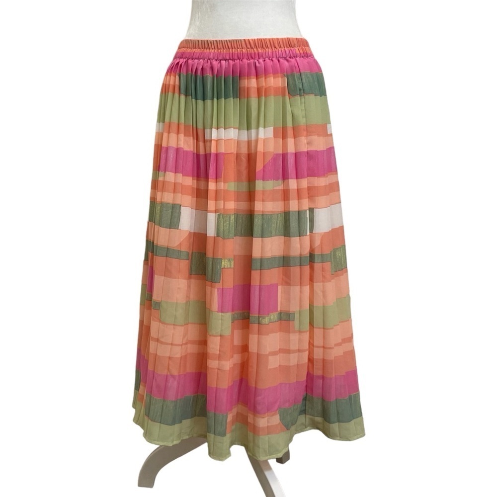 Her Destiny Y2K Orange Green Colorblock Striped Pleated Midi Skirt
